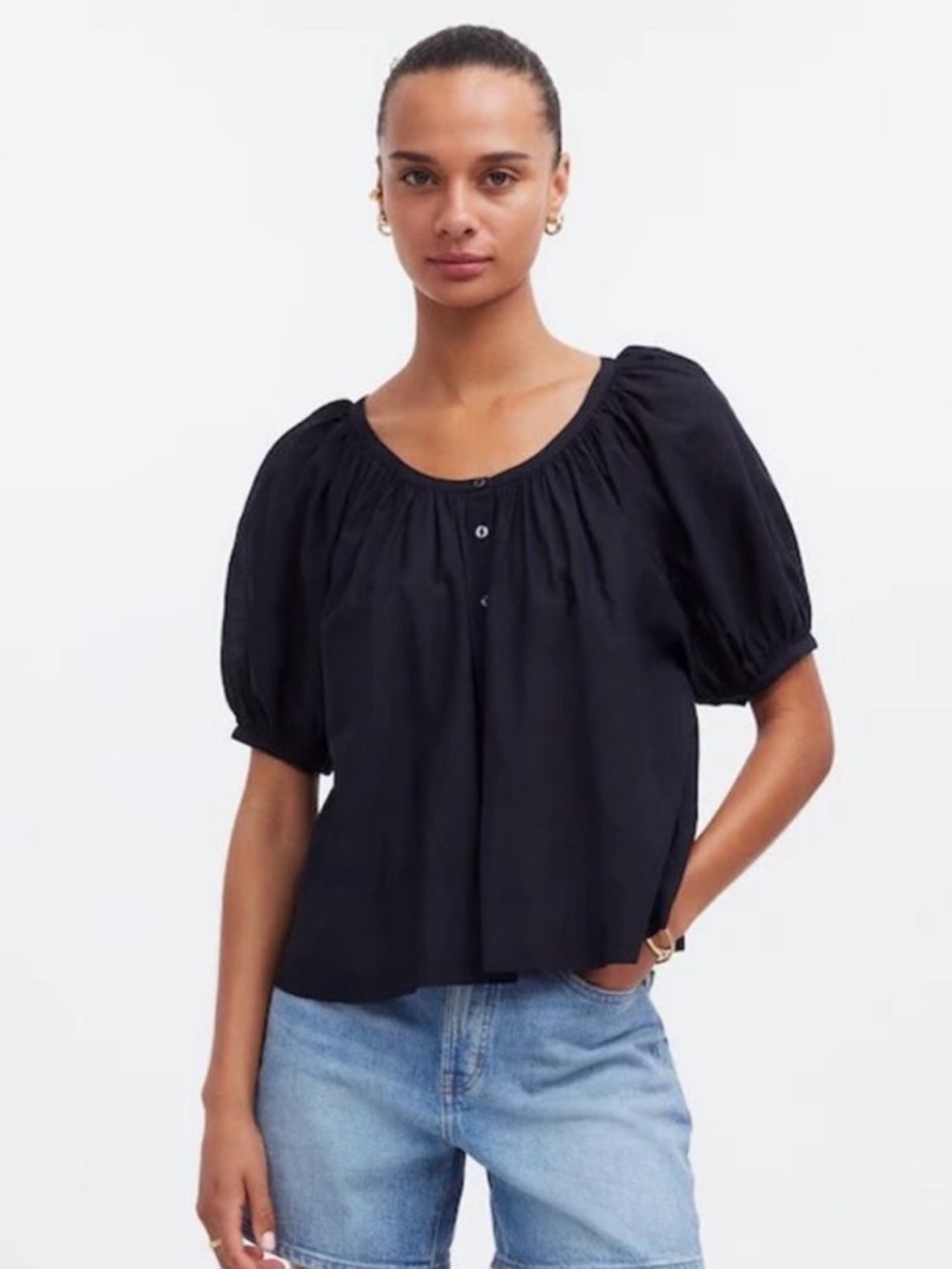 Madewell Emilina Puff-Sleeve A-Line Top in True Black Size Medium